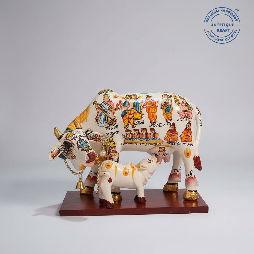 8 inch traditional decorative Kamdhenu cow figurine with colorful patterns on a wooden base