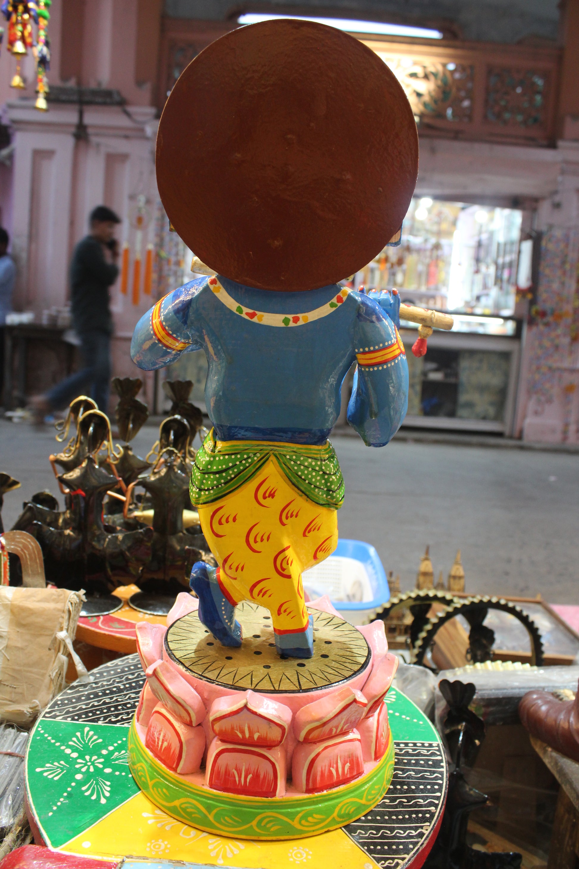 Large 18-inch majestic Banaras wooden Krishna Jagannath idol ideal for home altars and mandirs.