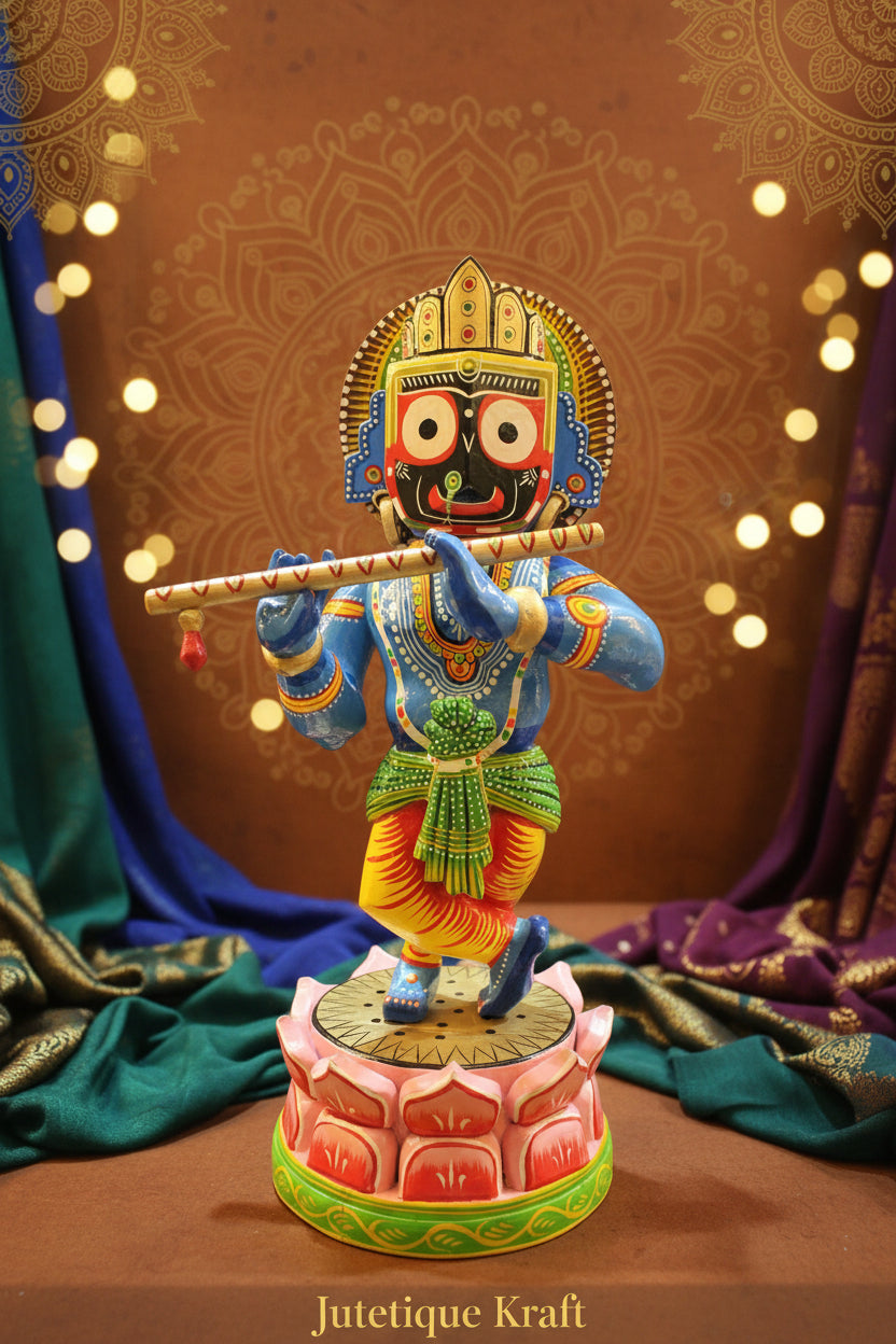 Large 18-inch majestic Banaras wooden Krishna Jagannath idol ideal for home altars and mandirs.