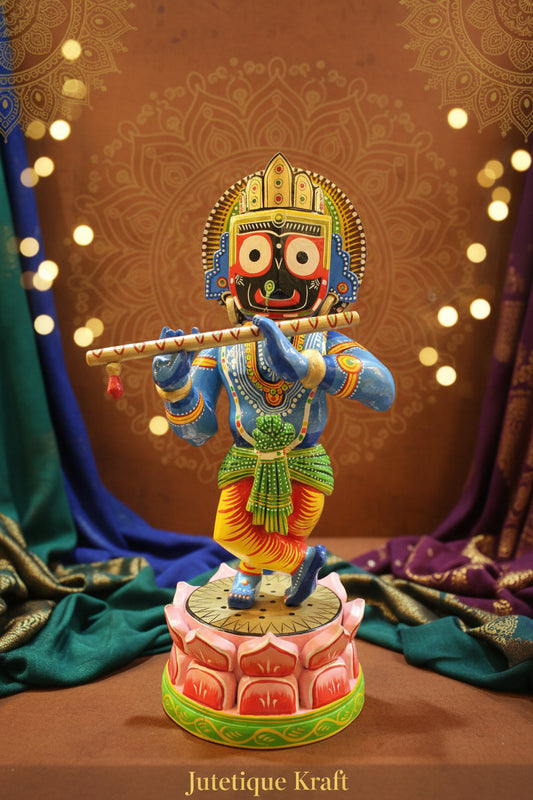 Large 18-inch majestic Banaras wooden Krishna Jagannath idol ideal for home altars and mandirs.