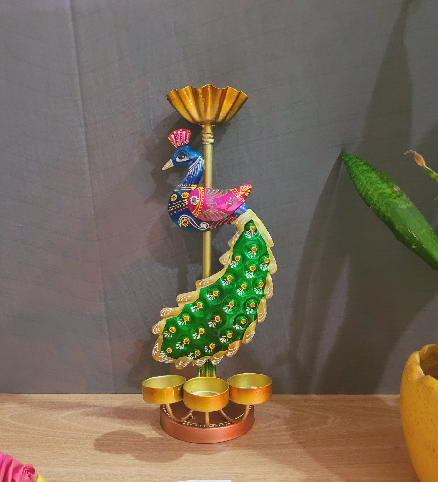 Majestic Glow: Handcrafted Metal Peacock Candle Stand (13 Inch)