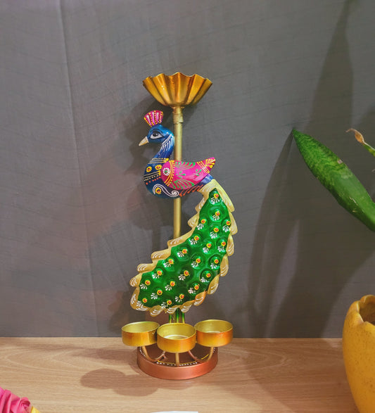 Majestic Glow: Handcrafted Metal Peacock Candle Stand (13 Inch)
