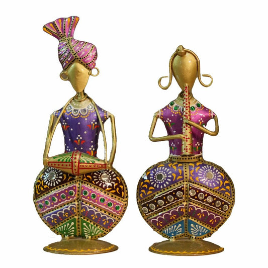Handcrafted purple metal musician couple statues featuring intricate traditional Shisha mirror work detailing