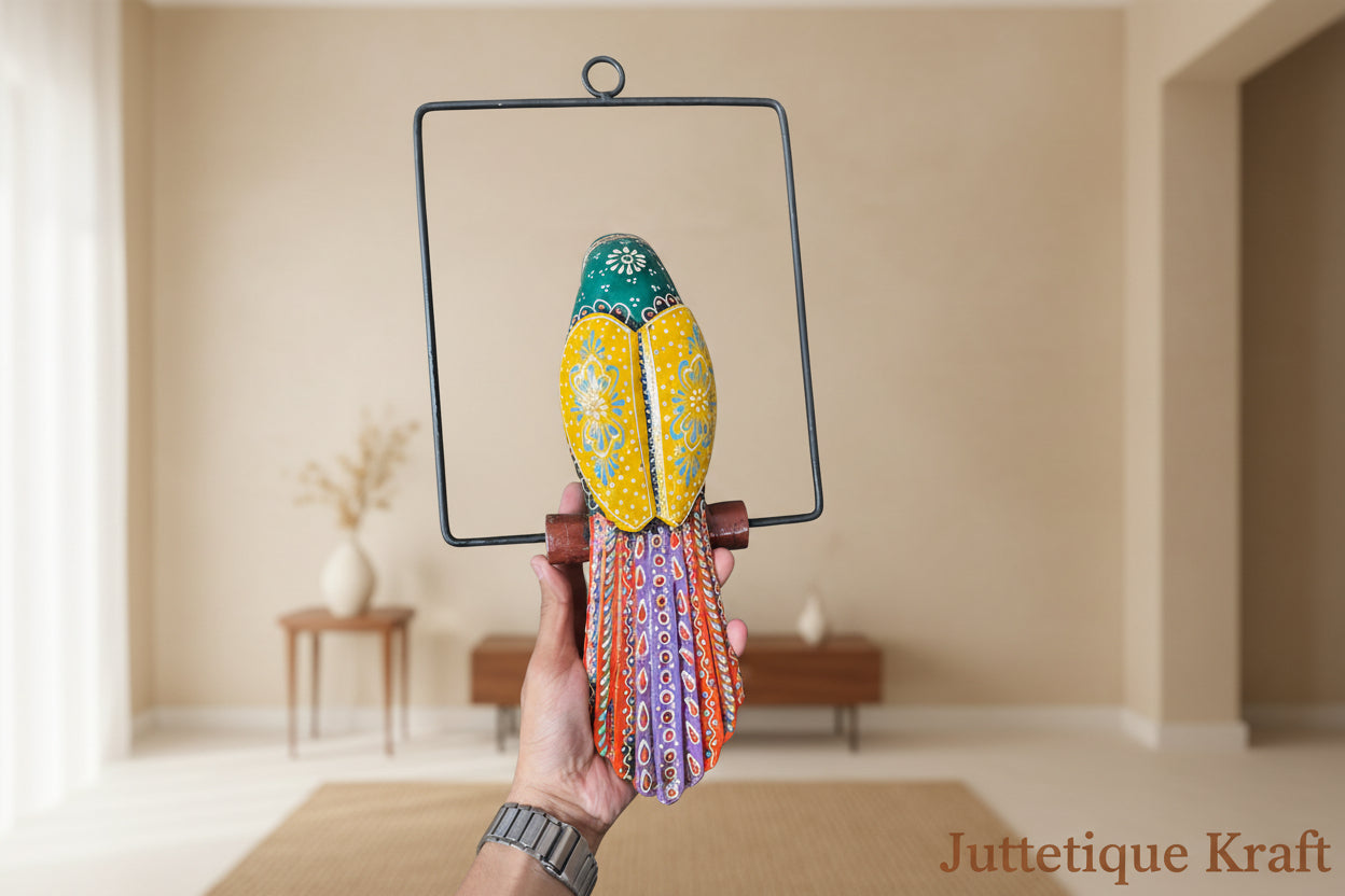 Hand-Painted Wooden Parrot with Wrought Iron Frame by Jutetique Kraft