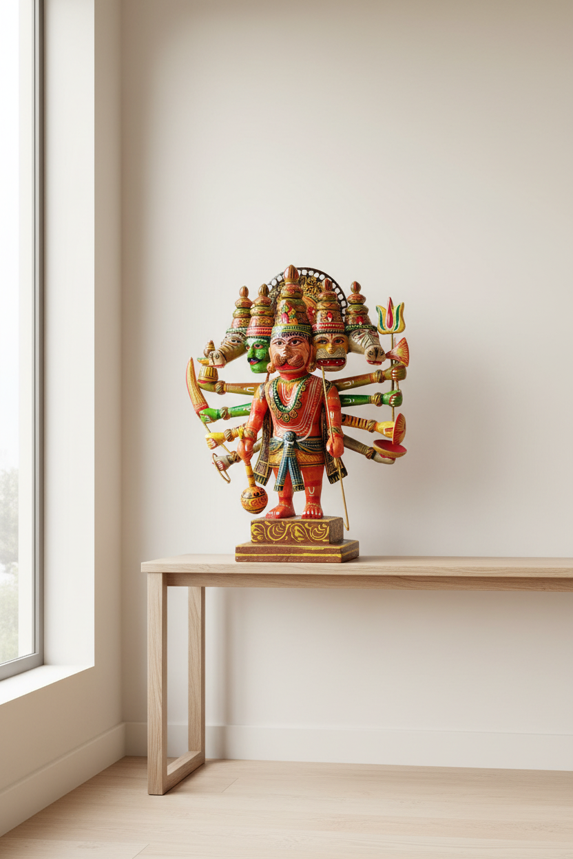Handmade Wooden Panchmukhi Hanuman Statue