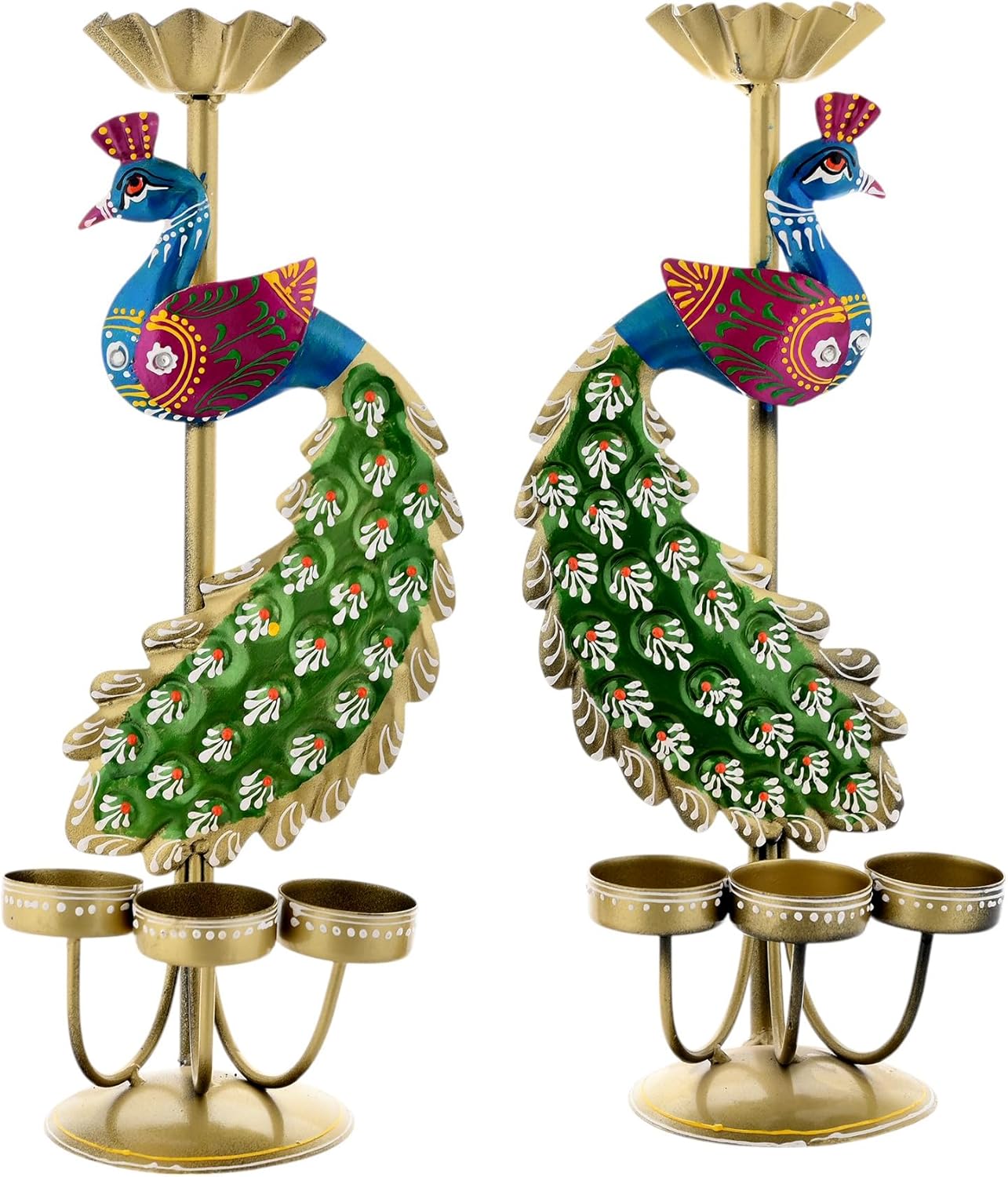 Decorative peacock candle holders with colorful designs on a white background