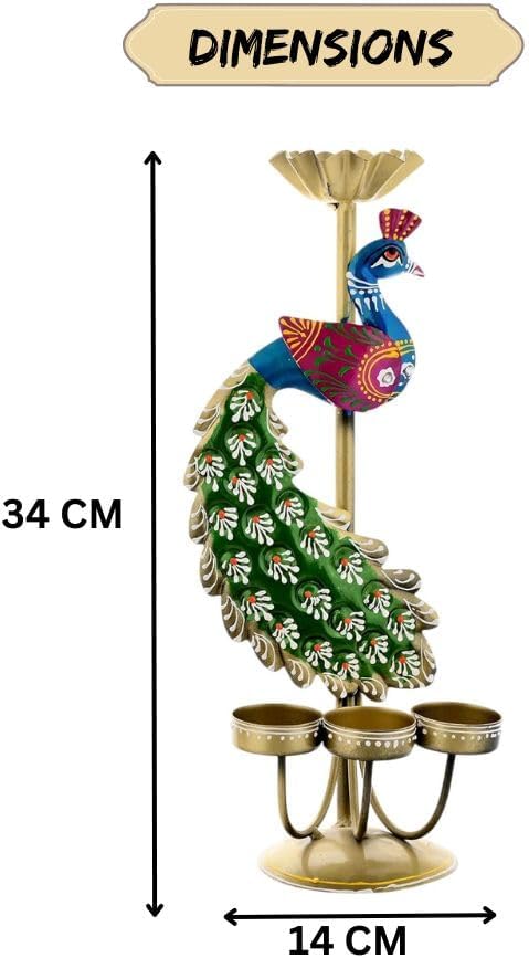 Decorative peacock candle holder with dimensions on a white background