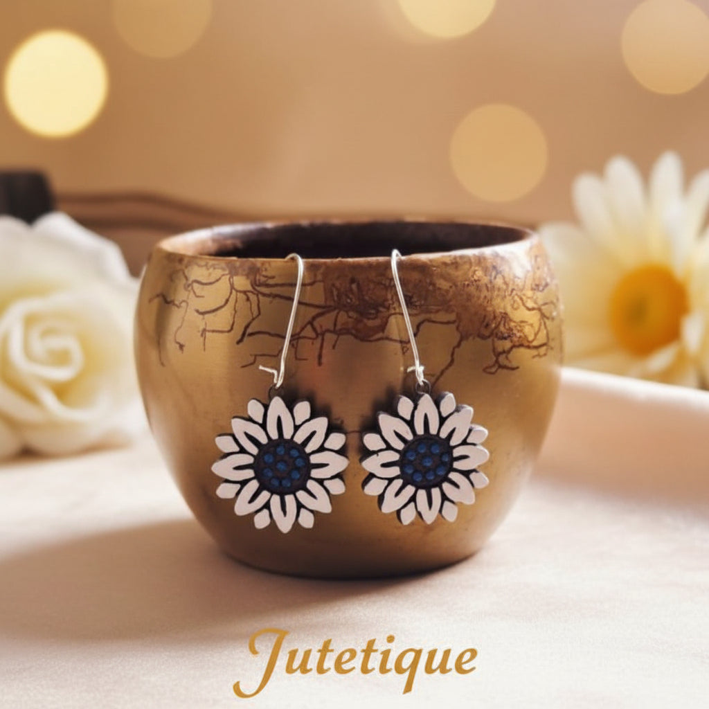 Hand-Painted Floral Terracotta Dangle Earrings – Vibrant Sunflower Collection by Jutetique Kraft