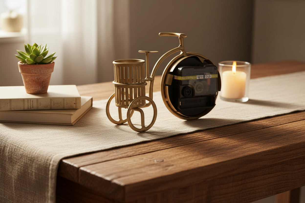 Vintage Bicycle Table Clock with Pen Holder – Antique Brass Finish
