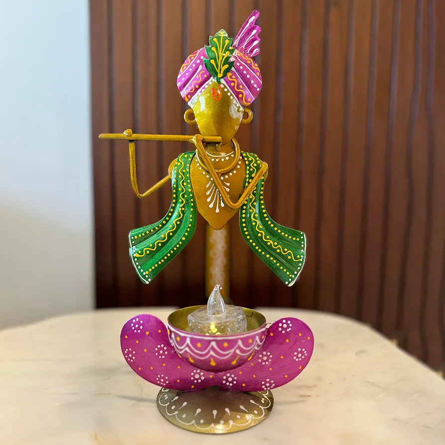 Metal Lord Krishna T-Light Candle Stand