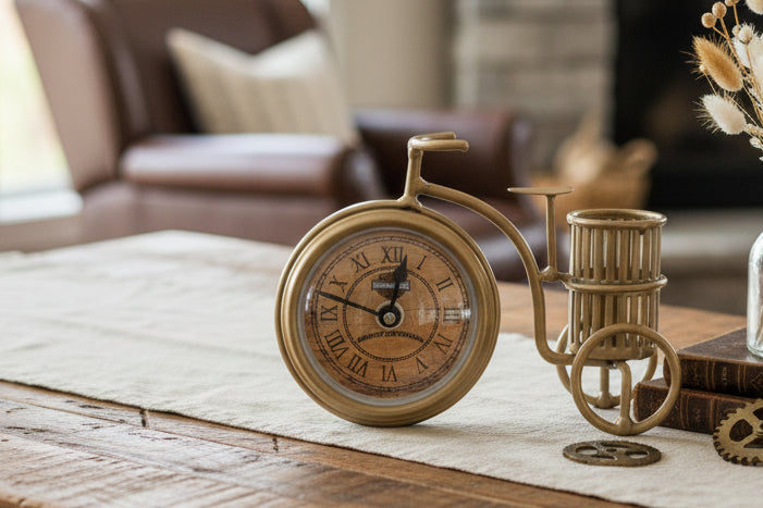Vintage Bicycle Table Clock with Pen Holder – Antique Brass Finish