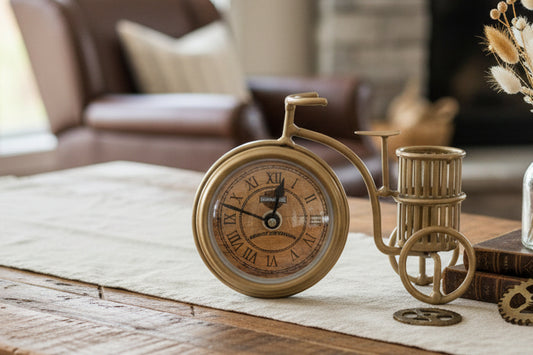 Vintage Bicycle Table Clock with Pen Holder – Antique Brass Finish