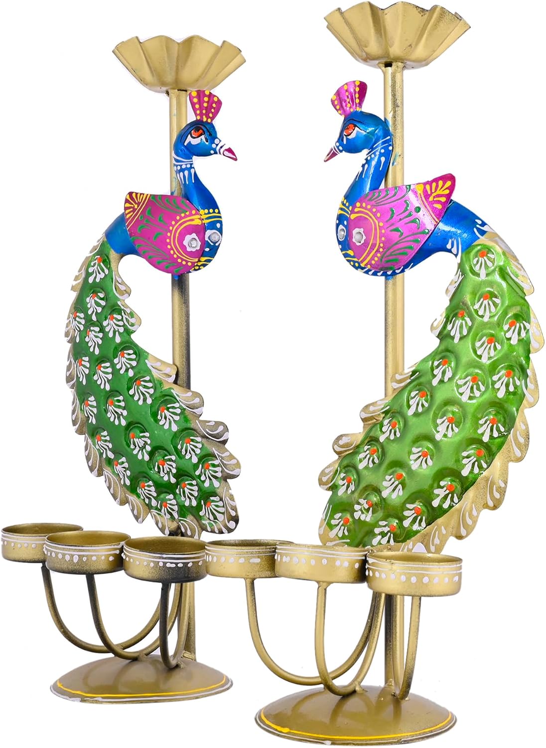 Pair of decorative peacock candle holders on a white background