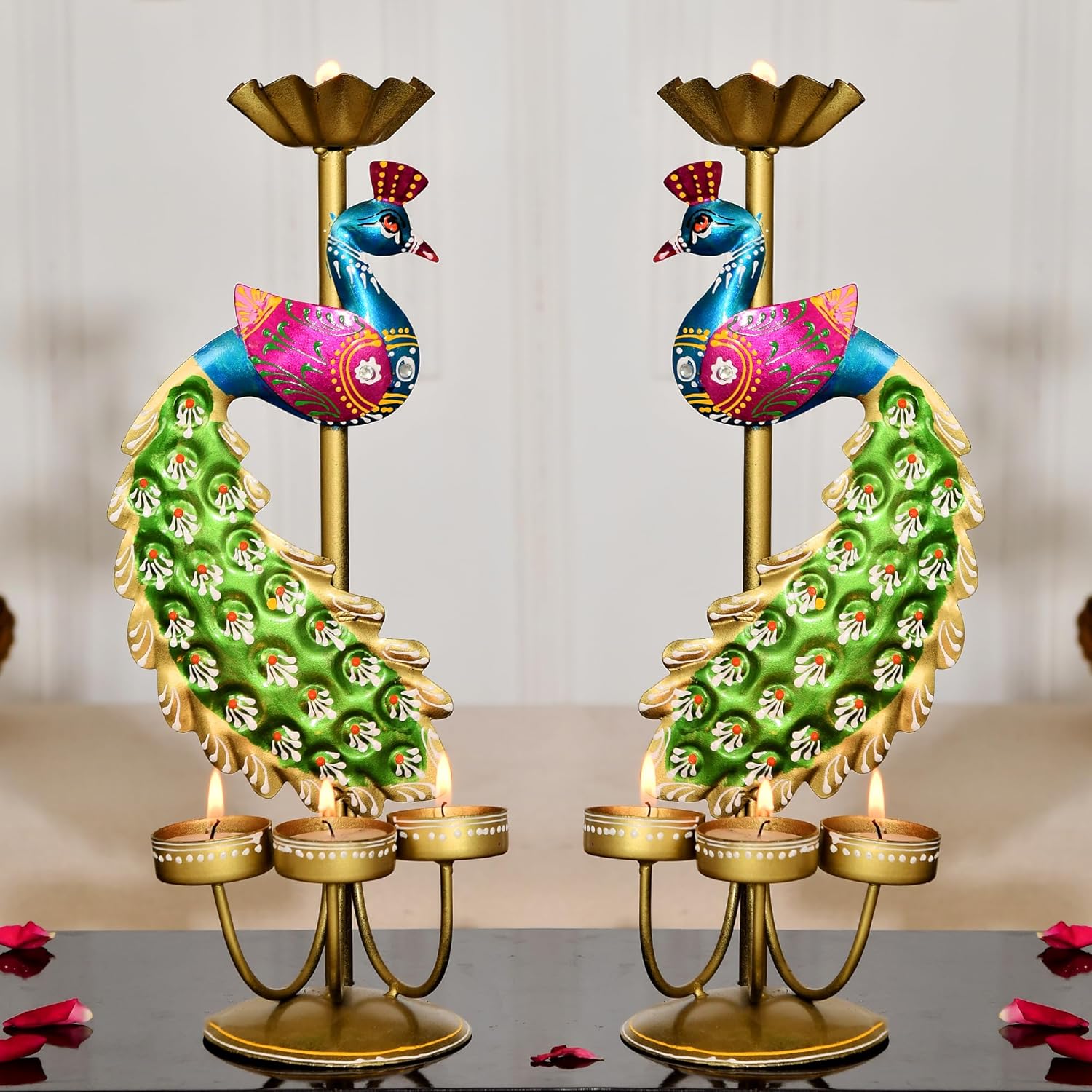 Colorful peacock-shaped candle holders on a neutral background