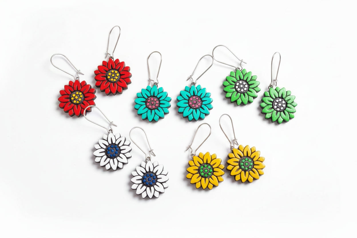 Hand-Painted Floral Terracotta Dangle Earrings – Vibrant Sunflower Collection by Jutetique Kraft