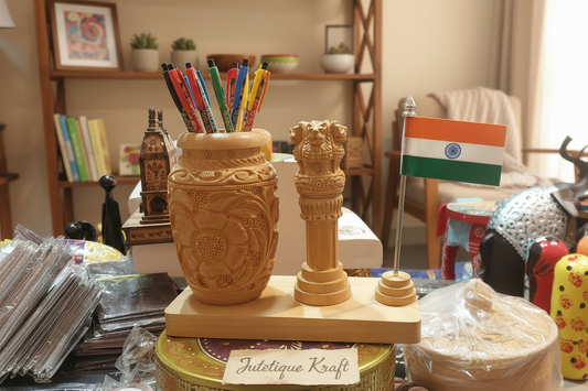 Artisan Hand-Carved Patriotic Indian Desk Stand