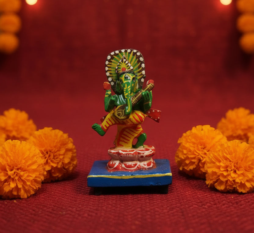 Hand-Carved Wooden Musical Ganesha Set – Set of 6 by Jutetique Kraft