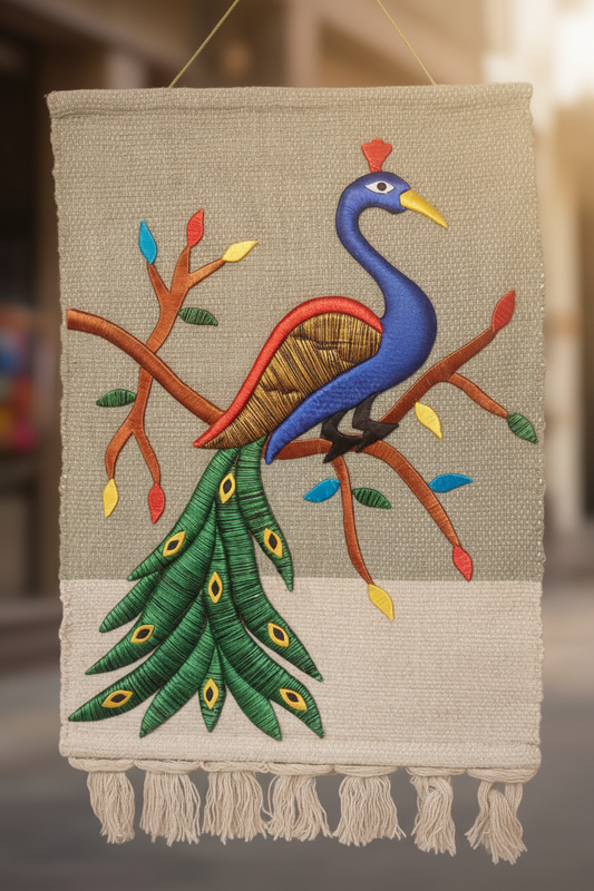 Hand-Embroidered Peacock Wall Hanging