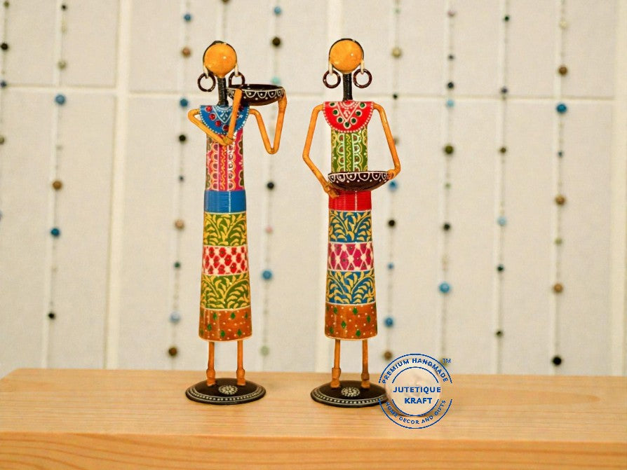 Traditional red hand-painted metal doll candlestick holder statues for festive table decor