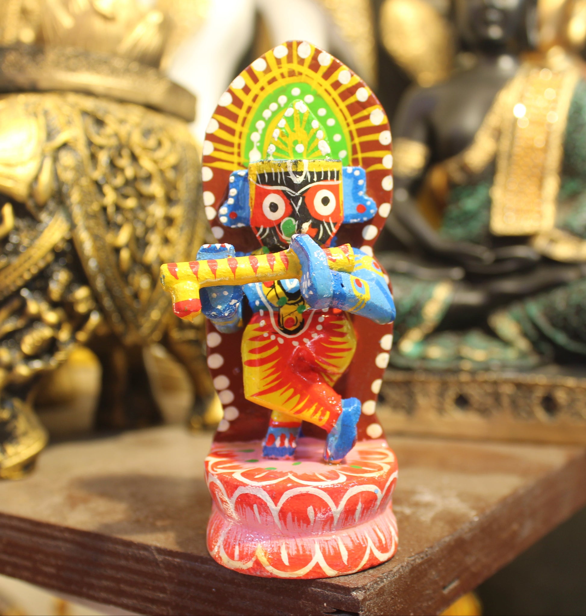 Compact 4-inch and 6-inch variants of Banaras wooden Krishna Jagannath idols for car dashboards and study desks.