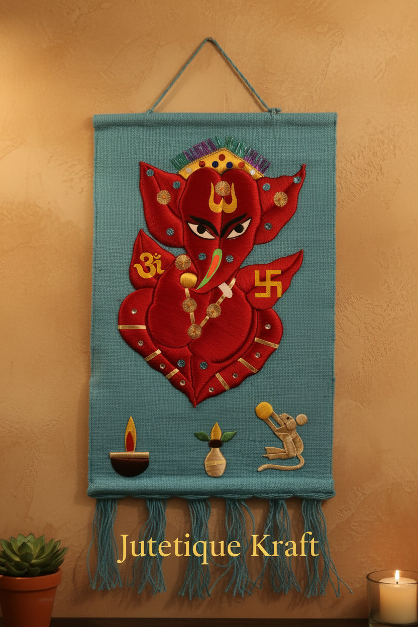 Decorative red silk and blue thread Lord Ganesha design with hanging fringes on woven jute fabric