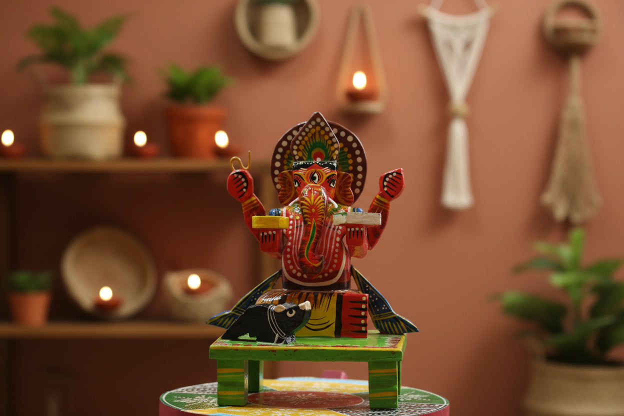 GI Tagged Varanasi wooden Ganesha on throne statue handcrafted in traditional Kashi lacquerware style.