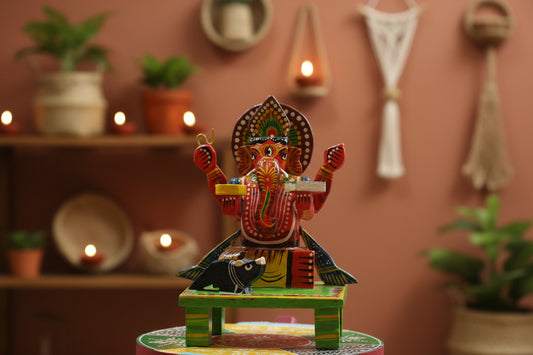 GI Tagged Varanasi wooden Ganesha on throne statue handcrafted in traditional Kashi lacquerware style.