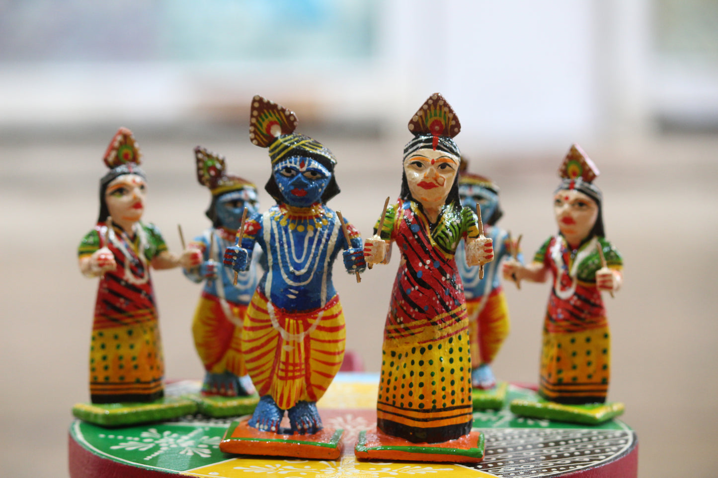 GI Tagged Varanasi wooden Radha Krishna Raas Leela statues handcrafted in traditional Kashi lacquerware style.